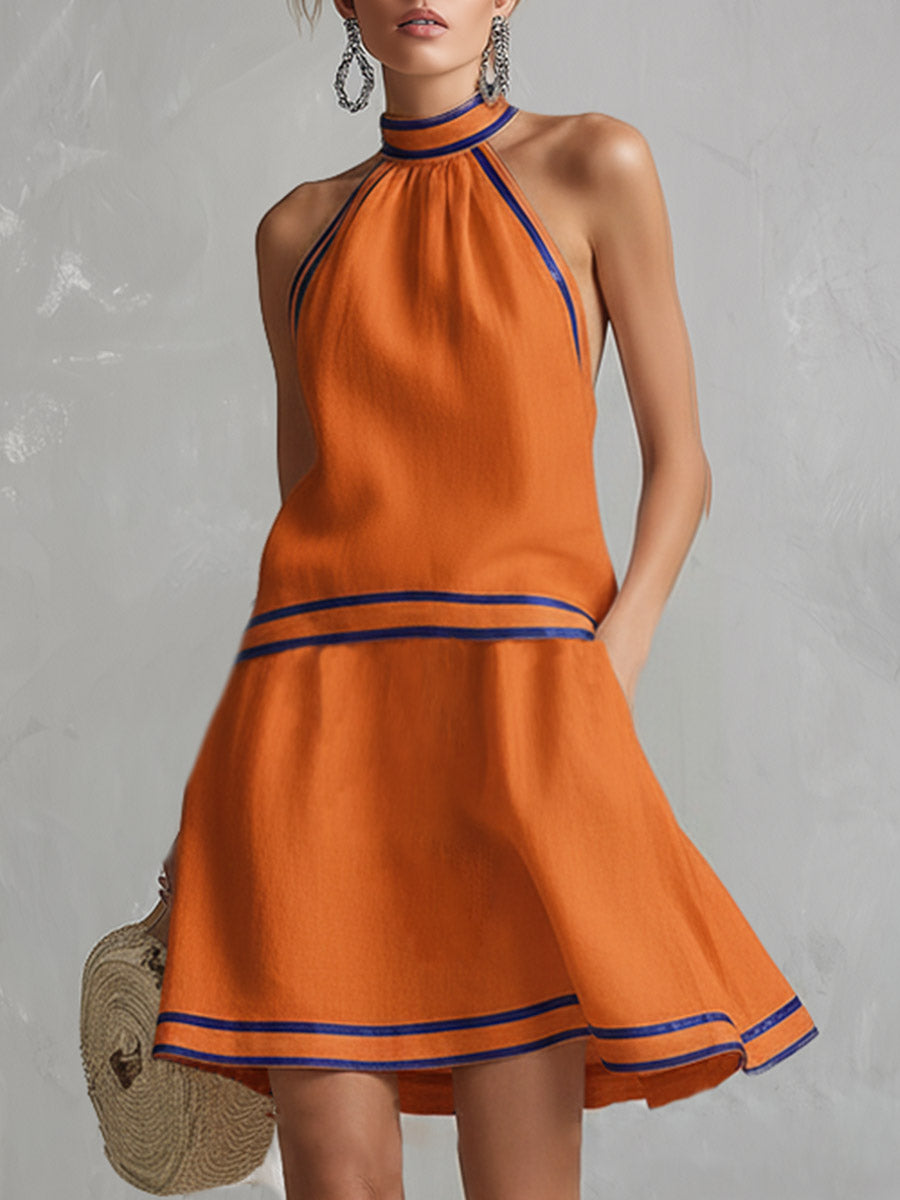 Duttini | Orange Linen Sleeveless Elegant Evening Dress