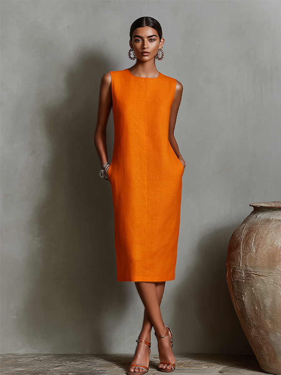 Duttini | Orange Linen Sleeveless Evening Dress