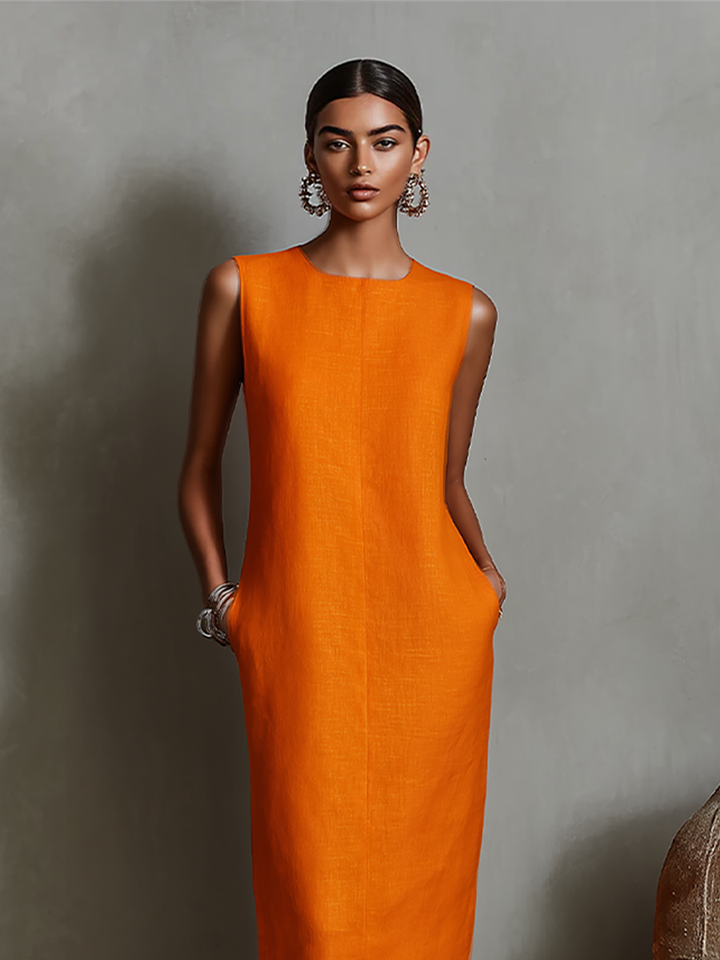 Duttini | Orange Linen Sleeveless Evening Dress