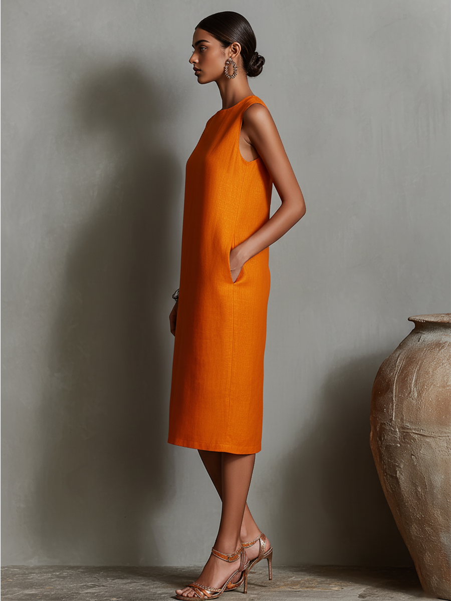 Duttini | Orange Linen Sleeveless Evening Dress