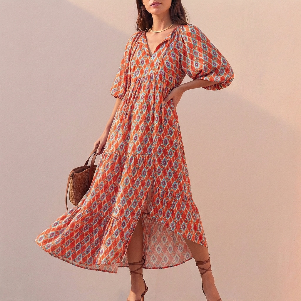 Duttini | Elegant Flowing V-Neck Midi Dress With Puff Sleeves And Tiered Skirt