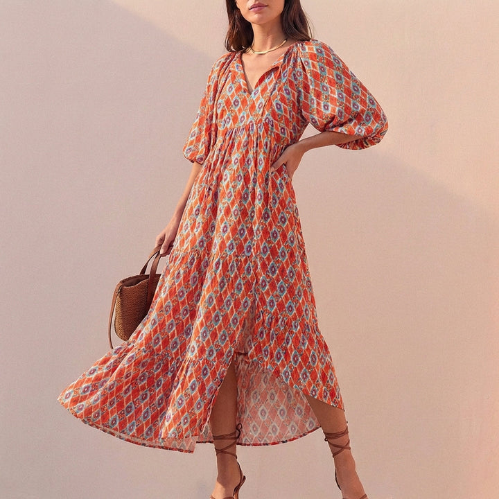 Duttini | Elegant Flowing V-Neck Midi Dress With Puff Sleeves And Tiered Skirt