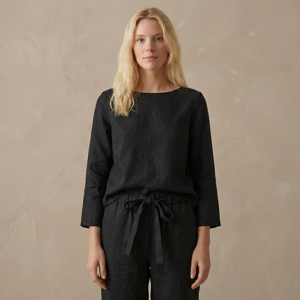 Duttini | Luxe Relaxed Linen Two-Piece Set With Boat Neck Blouse And Drawstring Pants