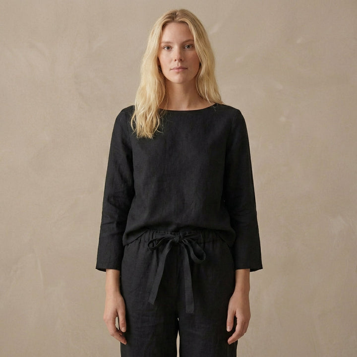 Duttini | Luxe Relaxed Linen Two-Piece Set With Boat Neck Blouse And Drawstring Pants