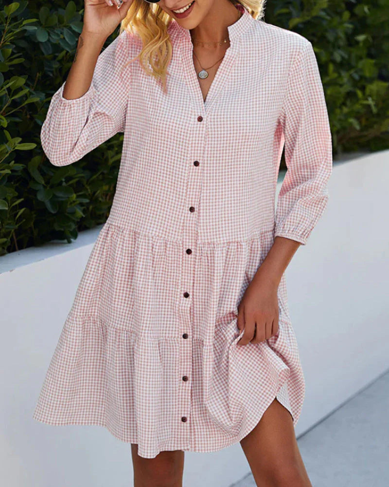 Duttini | Timeless Tiered Gingham Shirt Dress With Mandarin Collar For Breezy Summer Style