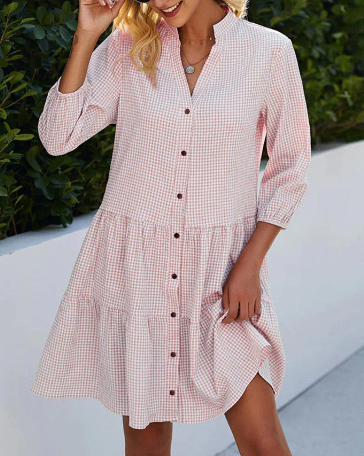 Duttini | Timeless Tiered Gingham Shirt Dress With Mandarin Collar For Breezy Summer Style