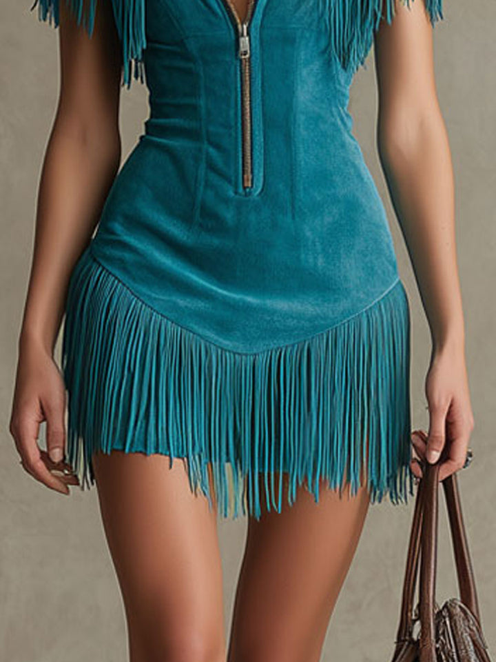 Duttini | Peacock Blue Faux Suede Tassel Dress
