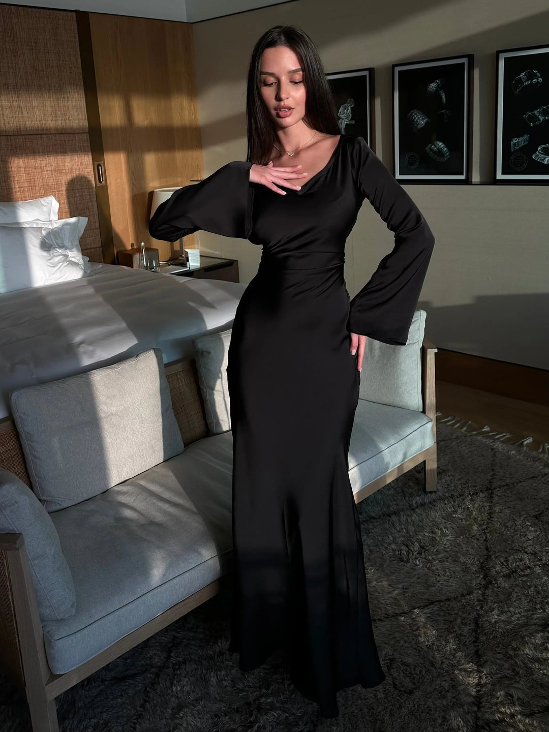 Duttini | Timeless Satin Long Sleeve Maxi Dress Formal Gown