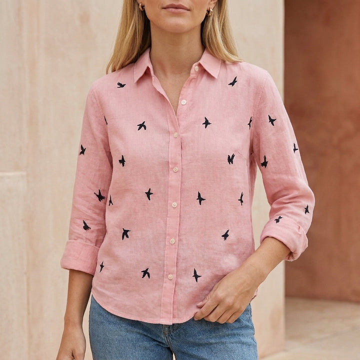 Duttini | Romantic Relaxed Collared Button-Down Blouse With Whimsical Print And Soft Woven Texture