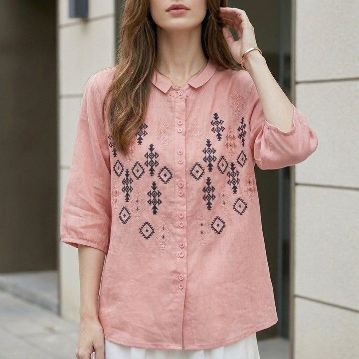 Duttini | Elegant Embroidered Geometric Button-Down Blouse With Stand Collar And Relaxed Fit