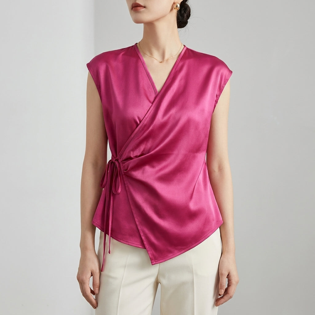 Duttini | Refined Tailored Sleeveless Wrap Blouse With Pleated Draping And Side Tie Closure