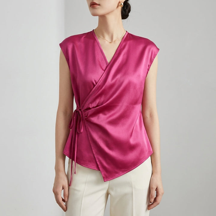 Duttini | Refined Tailored Sleeveless Wrap Blouse With Pleated Draping And Side Tie Closure