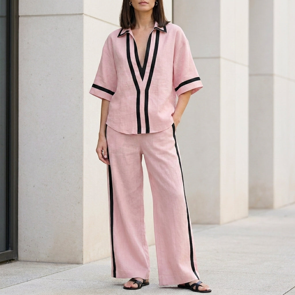 Duttini | Modern Coastal Chic Contrast Trim Top And Wide-Leg Pants Set