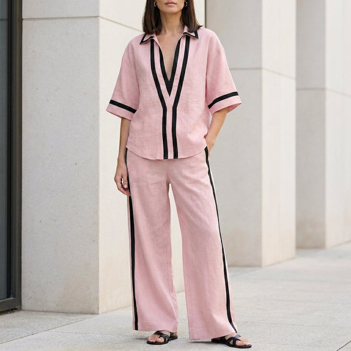 Duttini | Modern Coastal Chic Contrast Trim Top And Wide-Leg Pants Set