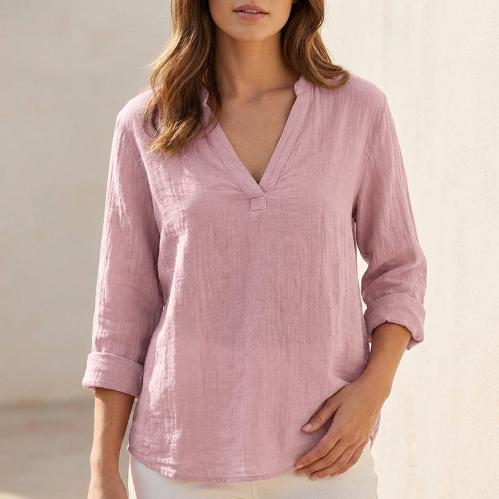Duttini | Sophisticated Relaxed Cotton Linen V-Neck Pullover Blouse With Textured Finish