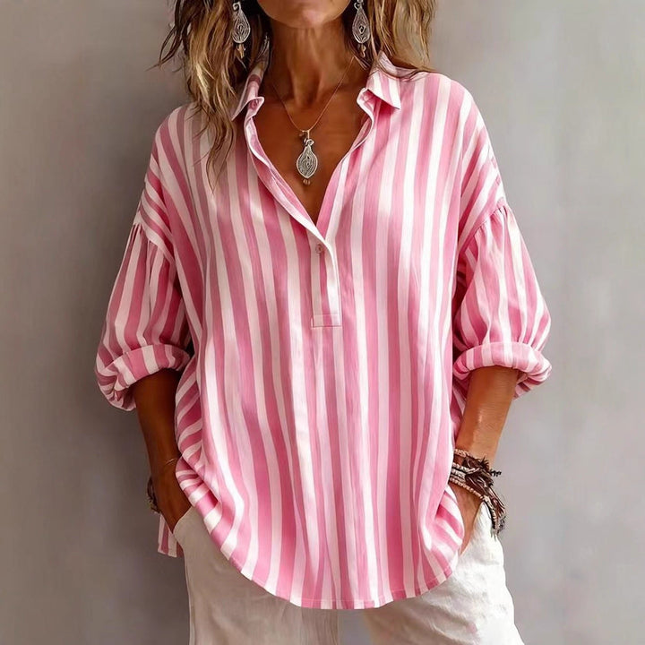 Duttini | Timeless Relaxed Striped V-Neck Shirt Blouse With Rolled 3/4 Sleeves