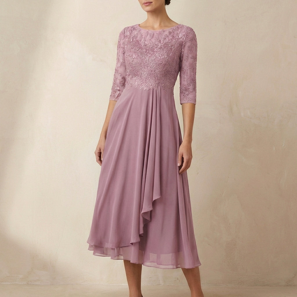 Duttini | Elegant Embroidered A-Line Midi Dress With Sheer Sleeves And Pockets