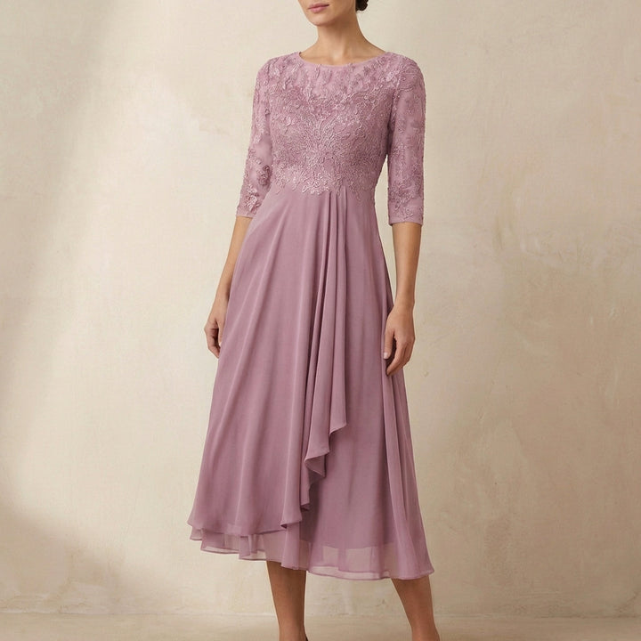 Duttini | Elegant Embroidered A-Line Midi Dress With Sheer Sleeves And Pockets