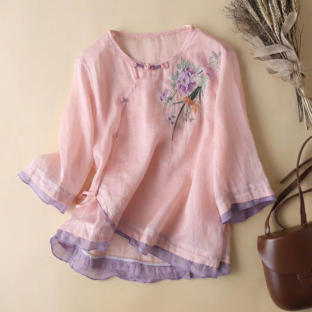 Duttini | Feminine Embroidered Artisan Kimono-Style Linen Blend Blouse
