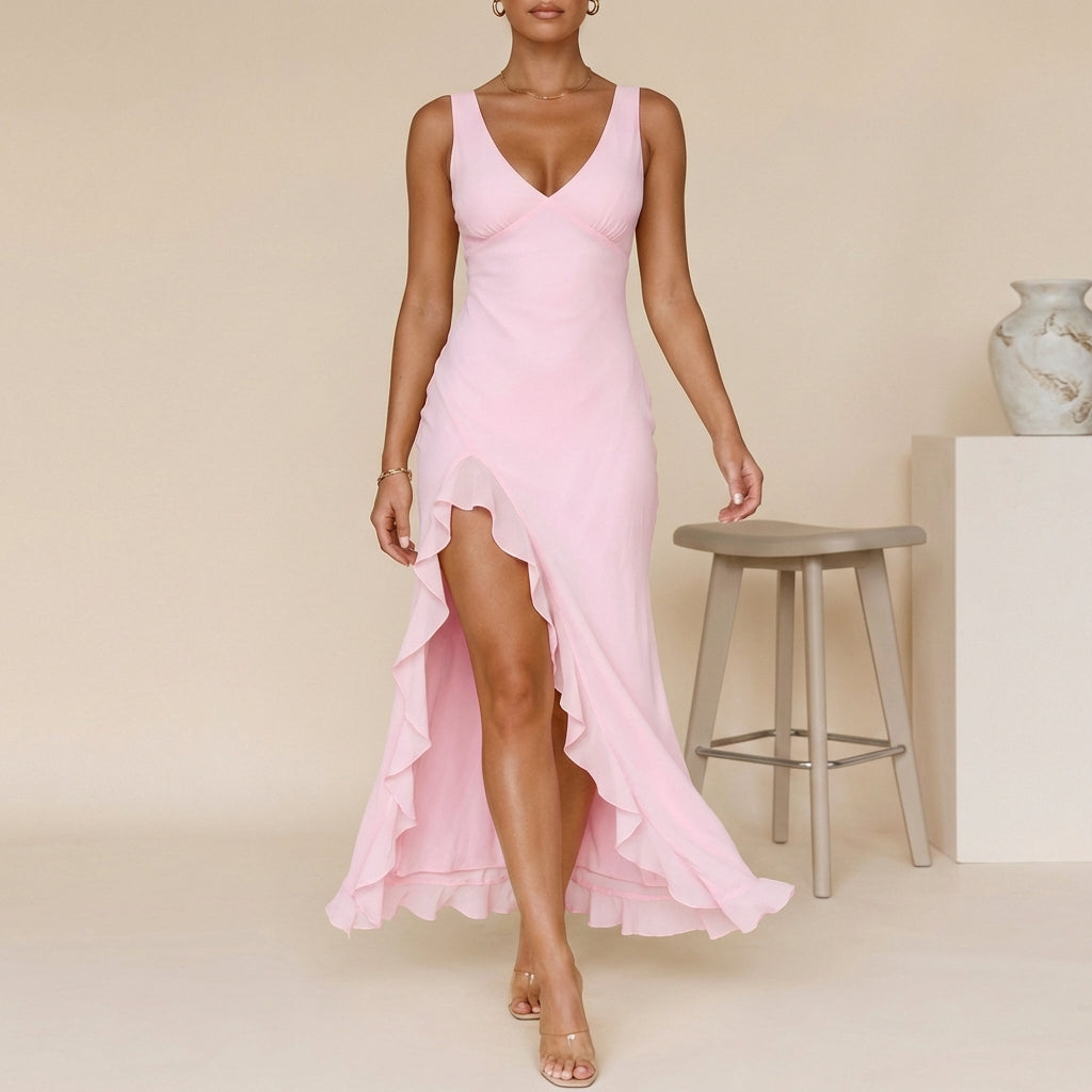 Duttini | Flowing Chiffon Maxi Dress With Ruched Bodice And Ruffled Slit