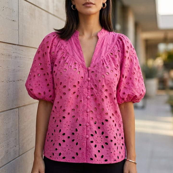 Duttini | Sophisticated Embroidered V-Neck Blouse With Voluminous Lantern Sleeves And Eyelet Detail