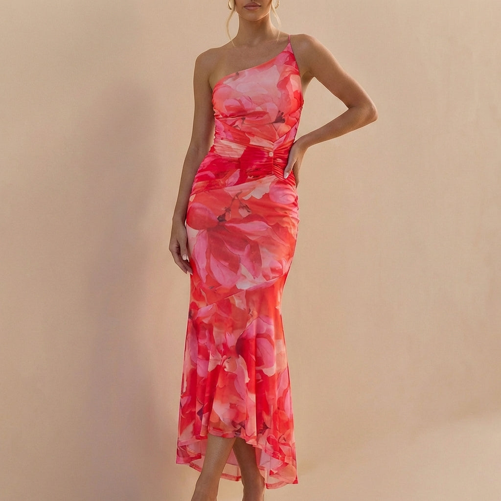 Duttini | Sophisticated Fitted One-Shoulder Mesh Overlay Maxi Dress With Ruched Detail