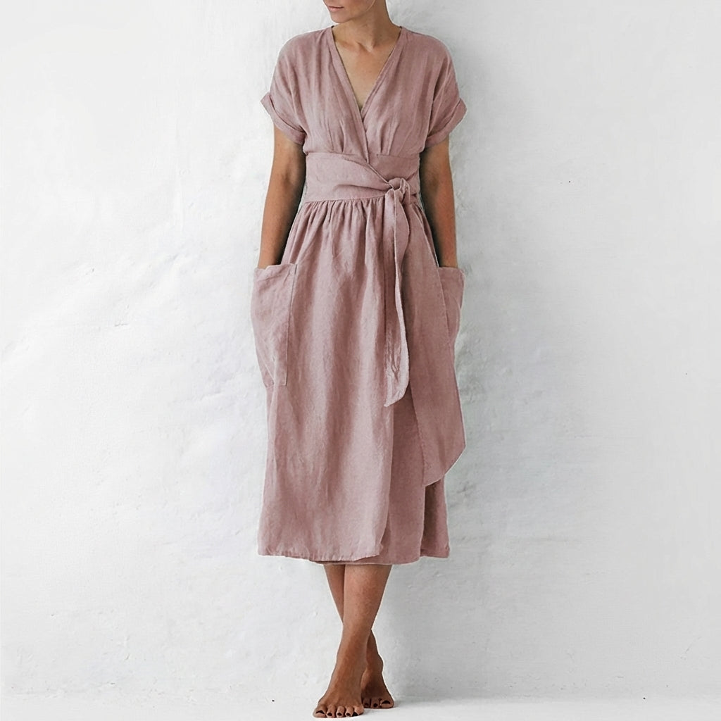 Duttini | Modern Relaxed Fit Linen Blend Wrap Midi Dress With Pockets