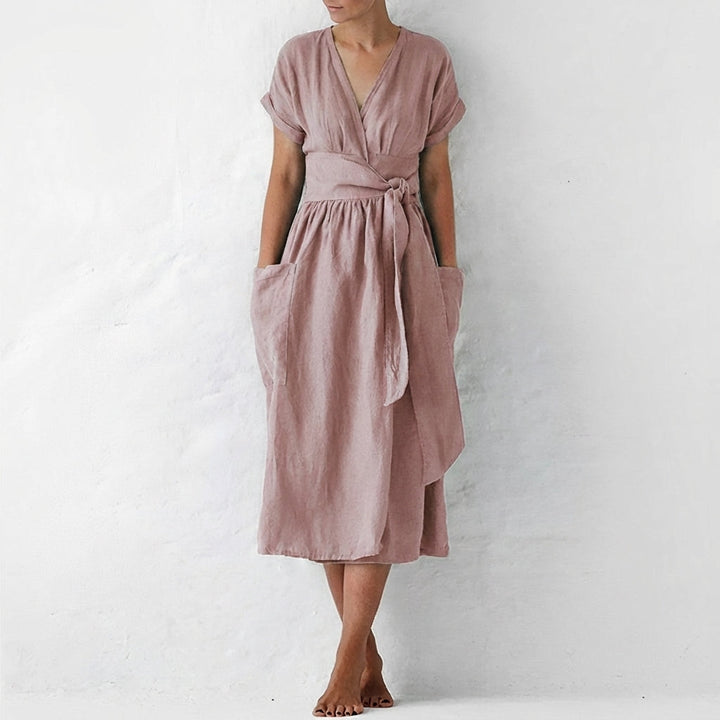 Duttini | Modern Relaxed Fit Linen Blend Wrap Midi Dress With Pockets