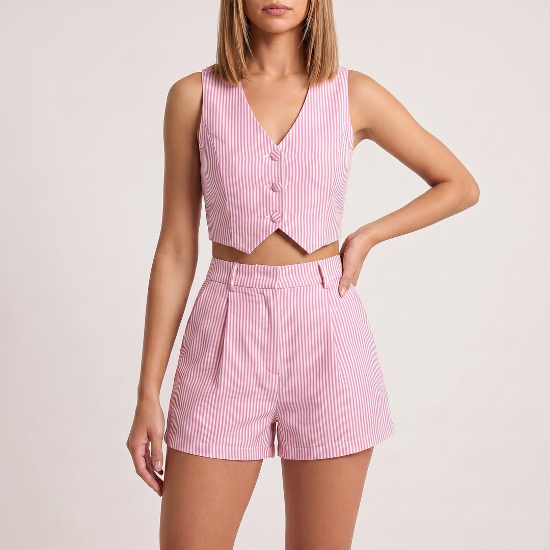Duttini | Sophisticated Tailored Cropped Vest And High-Waisted Pleated Shorts Set