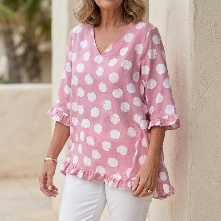 Duttini | Elegant Relaxed V-Neck Tunic With Ruffle Trim And Flowing Silhouette