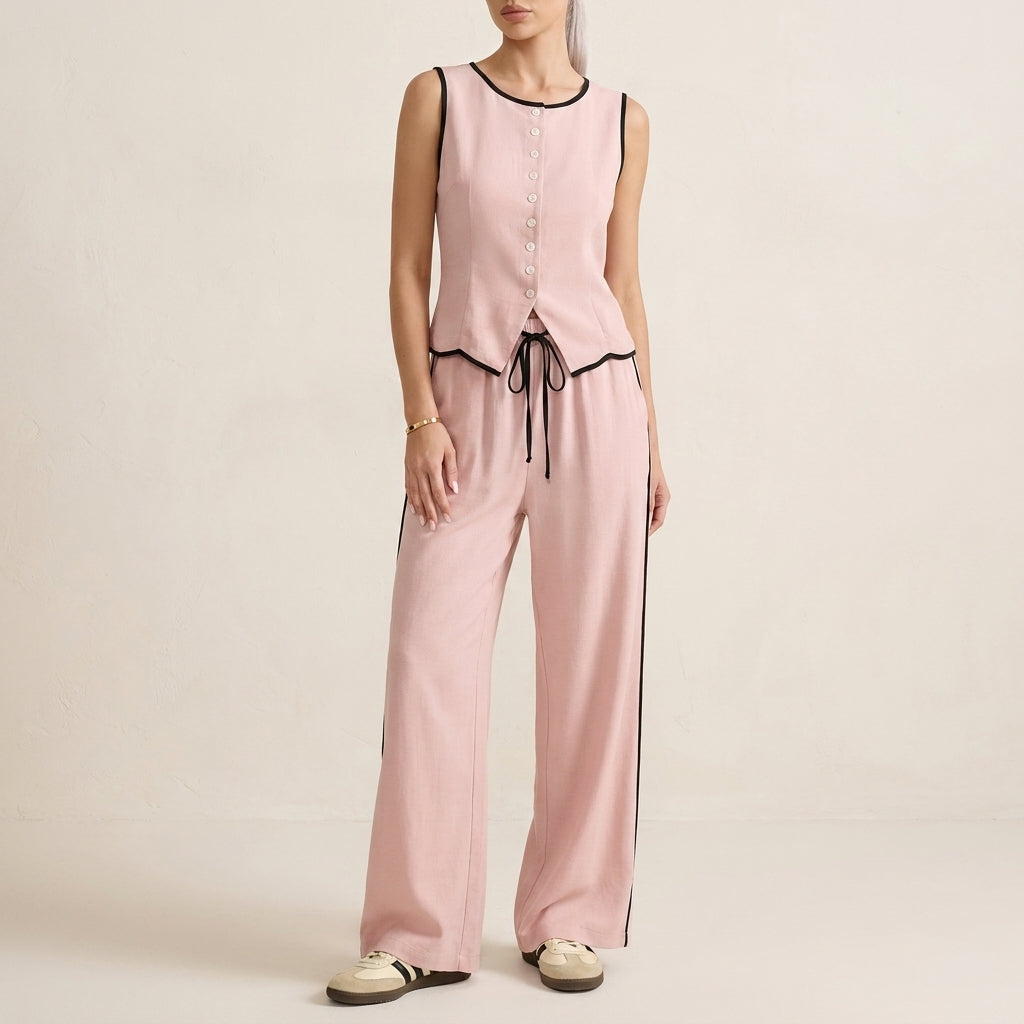 Duttini | Elegant Contrast Trim Two-Piece Set With Relaxed Wide-Leg Pants And Top