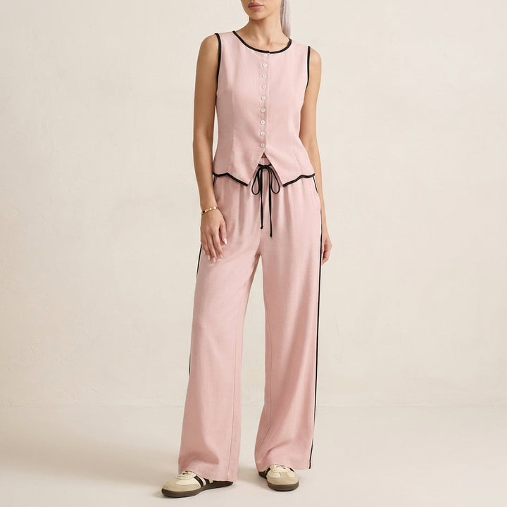 Duttini | Elegant Contrast Trim Two-Piece Set With Relaxed Wide-Leg Pants And Top