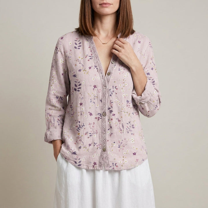 Duttini | Sophisticated Botanical Print Relaxed Blouse With Embroidered V-Neck Detail