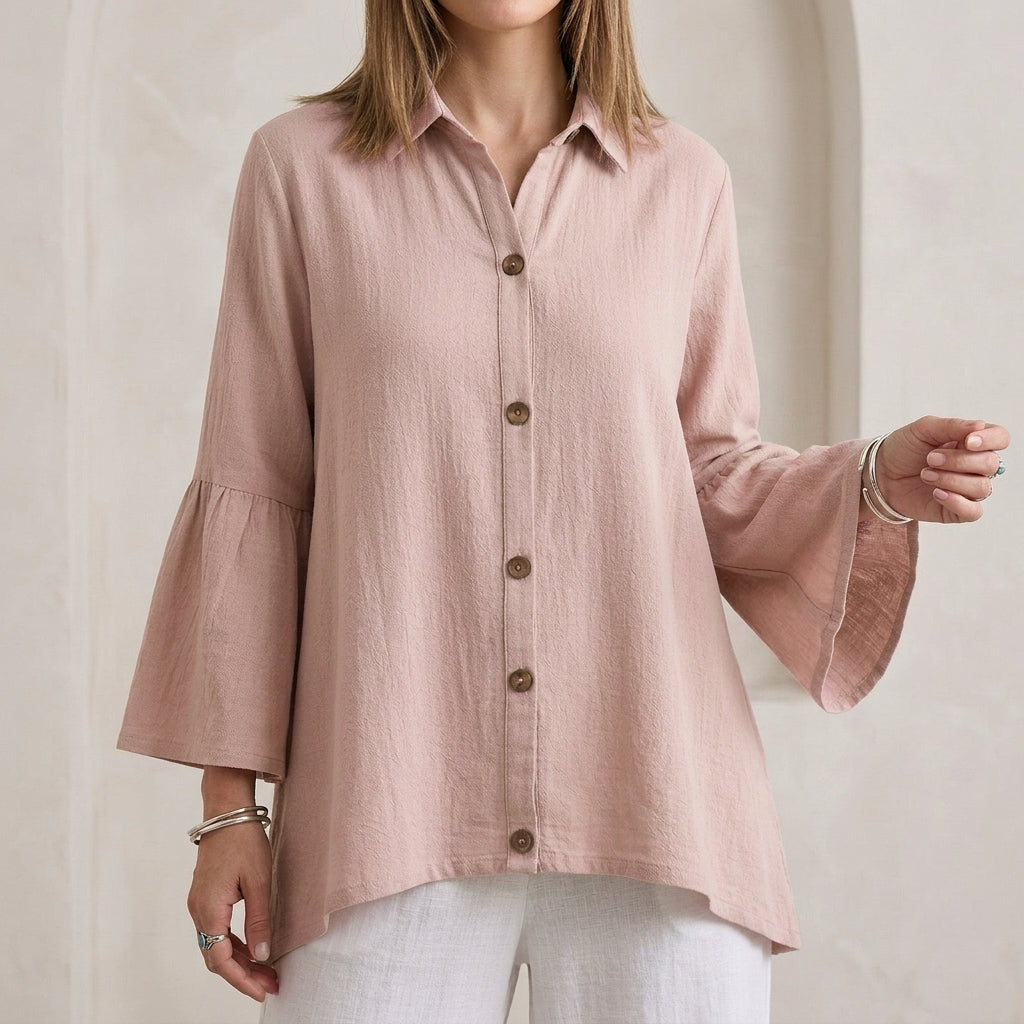 Duttini | Feminine Relaxed Fit Textured Button-Down Blouse With Flared Bell Sleeves