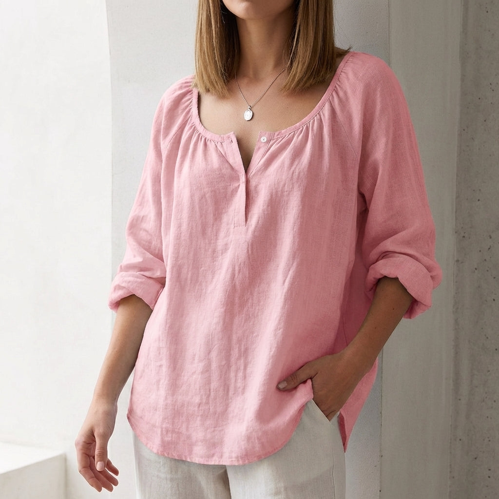 Duttini | Luxe Relaxed Scoop Neck Pullover Blouse With Curved Hem And Button Accents
