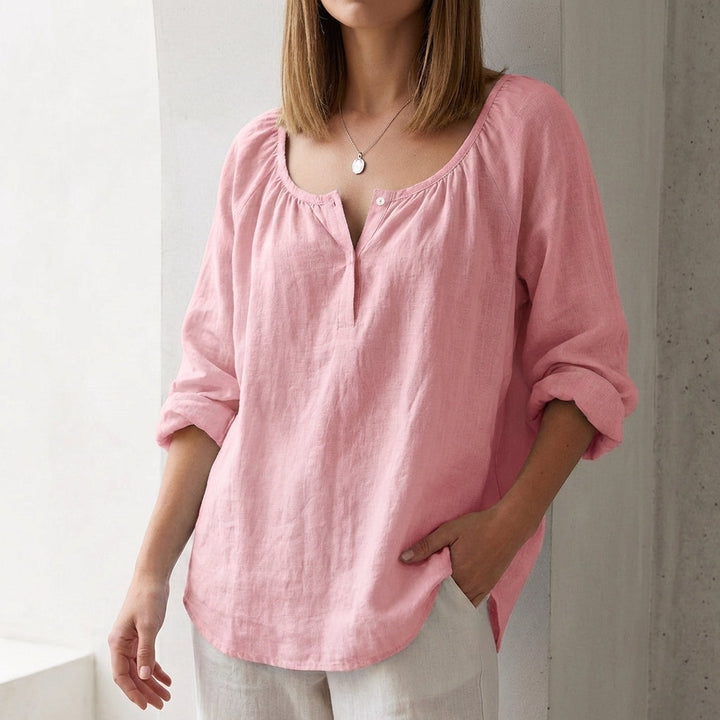Duttini | Luxe Relaxed Scoop Neck Pullover Blouse With Curved Hem And Button Accents
