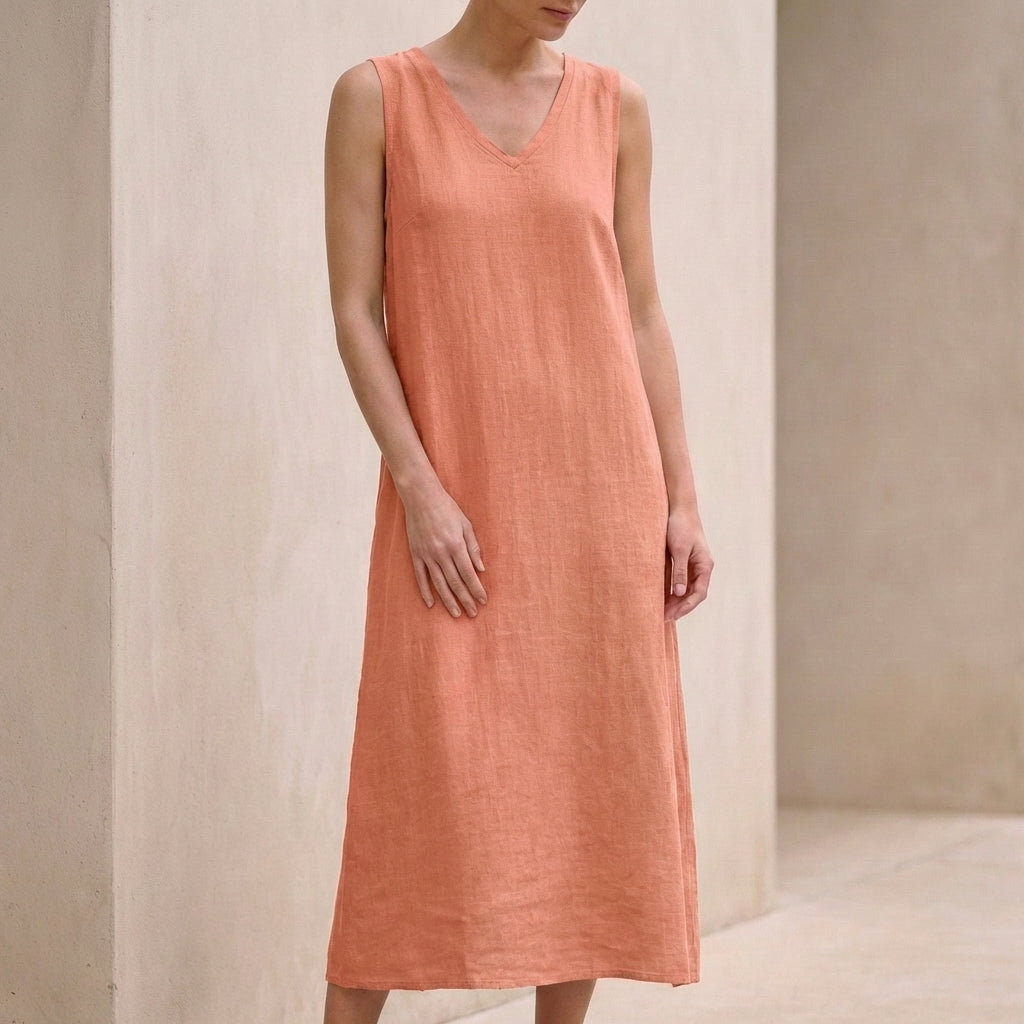 Duttini | Effortless Cotton Linen V-Neck Sleeveless Shift Midi Dress With Pockets