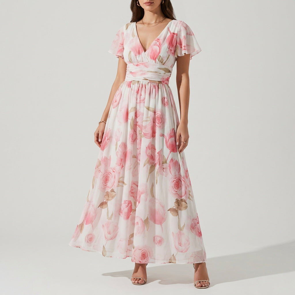 Duttini | Graceful Ethereal Plunging V-Neck Flutter Sleeve Gown