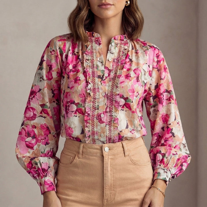 Duttini | Flowing Floral Ruffle-Trimmed Long-Sleeve Blouse With Bishop Sleeves