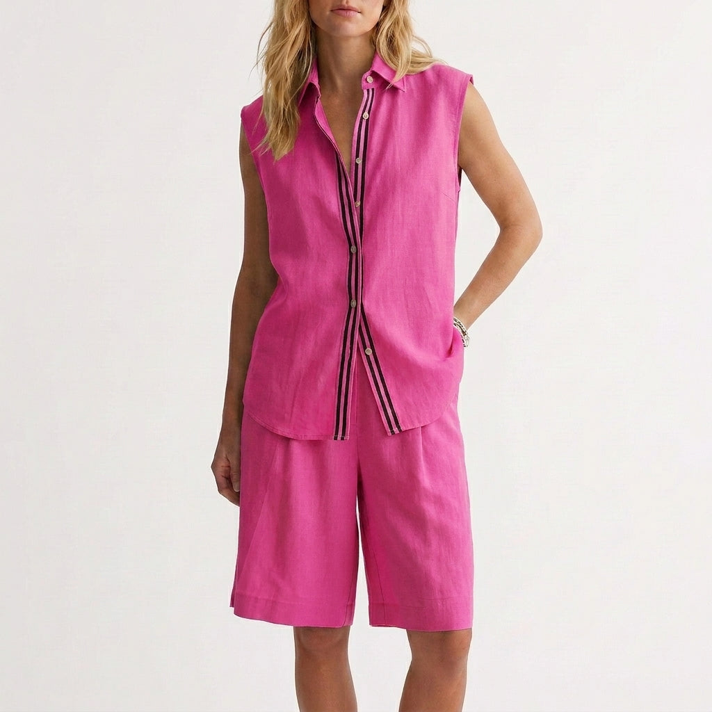 Duttini | Elegant Relaxed Sleeveless Button-Up Shirt And Wide-Leg Pleated Shorts Set