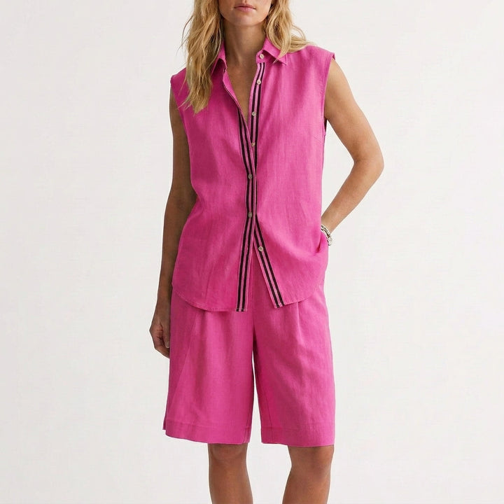 Duttini | Elegant Relaxed Sleeveless Button-Up Shirt And Wide-Leg Pleated Shorts Set
