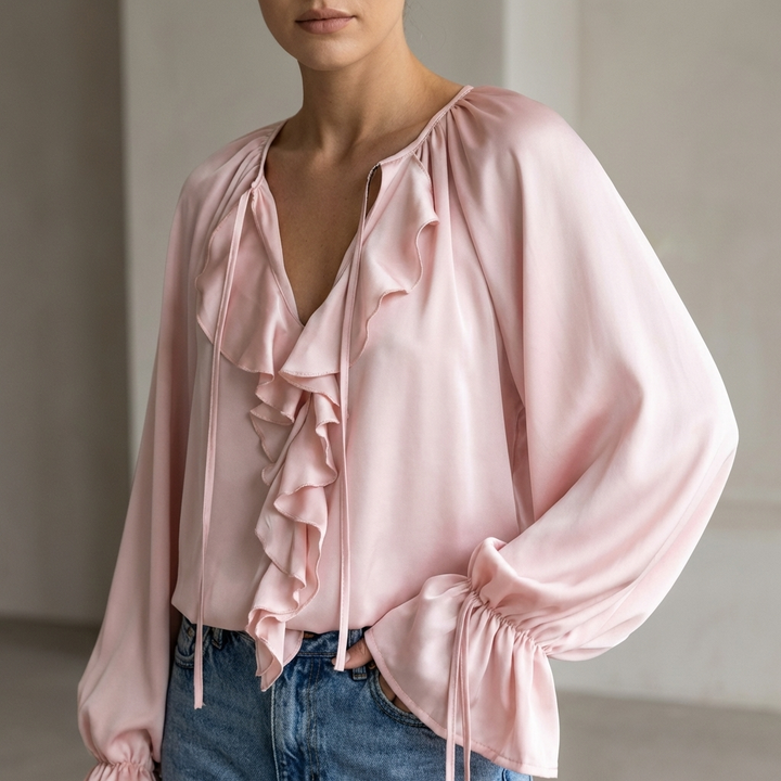 Duttini | Modern Relaxed Ruffled Horn Sleeve Blouse With Lace-Up V-Neck Detail