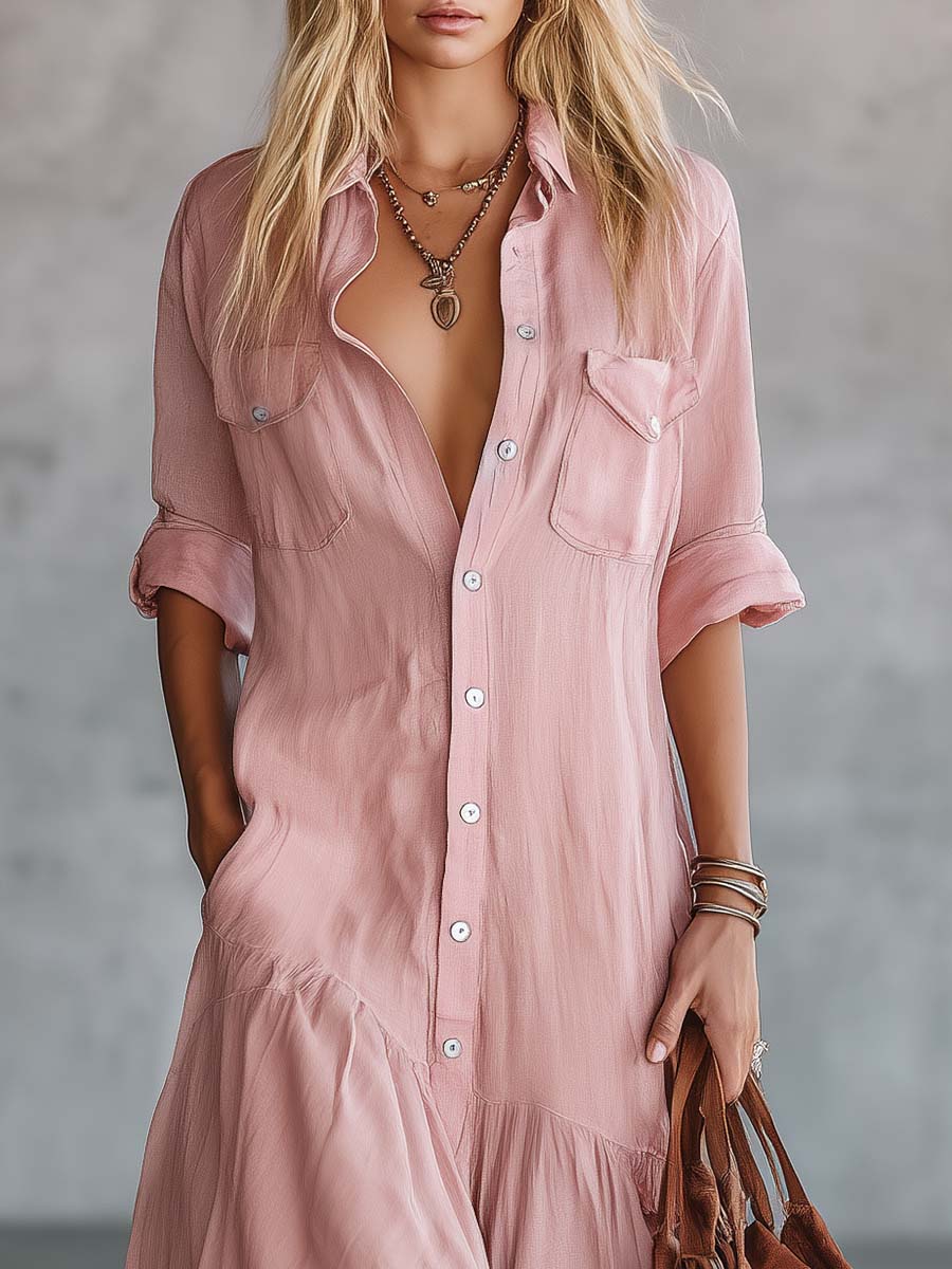 Duttini | Pink Linen V-Neck Casual Dress