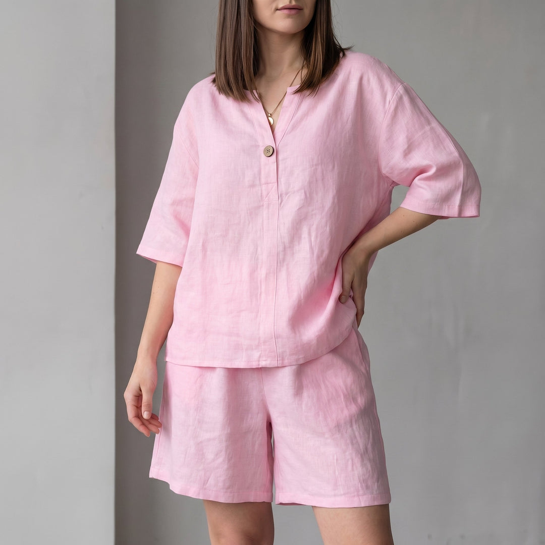 Duttini | Luxe Oversized Woven Two-Piece Set With V-Neck Shirt And High-Waist Shorts