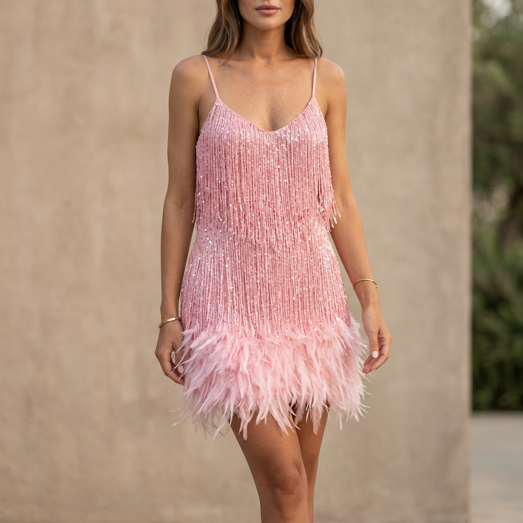 Duttini | Luxe Fitted V-Neck Mini Dress With Sequined Fringe And Feathered Hem