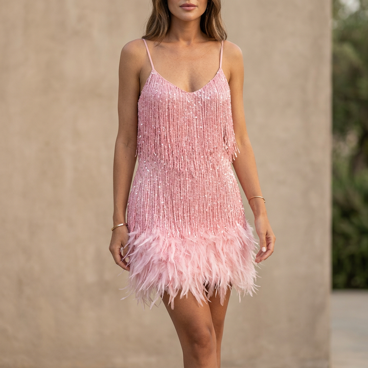 Duttini | Luxe Fitted V-Neck Mini Dress With Sequined Fringe And Feathered Hem