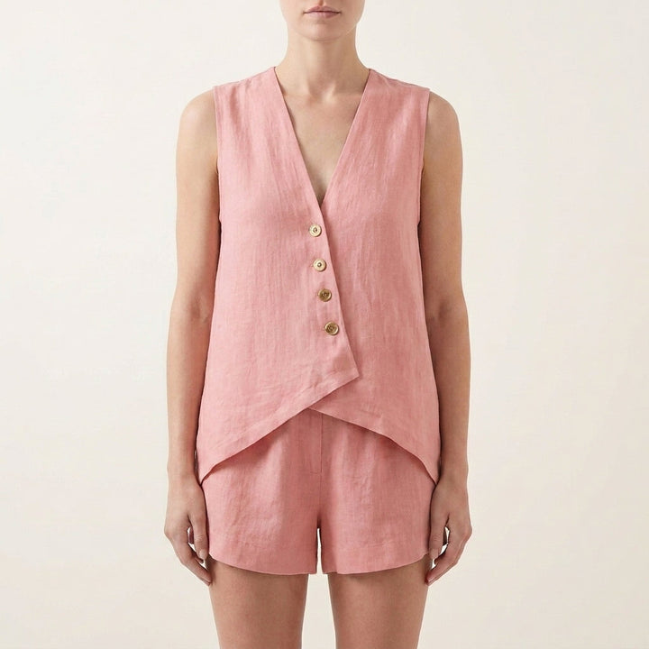 Duttini | Statement Relaxed Sleeveless V-Neck Two-Piece Set With Asymmetrical Button Front
