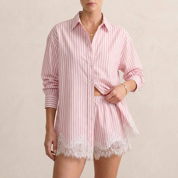 Duttini | Sculpted Relaxed Lace-Trimmed Two-Piece Shirt And Shorts Set With Classic Collar