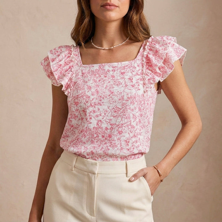 Duttini | Flowing Relaxed Floral Print Ruffle Blouse With Square Neck And Back Bow Closure
