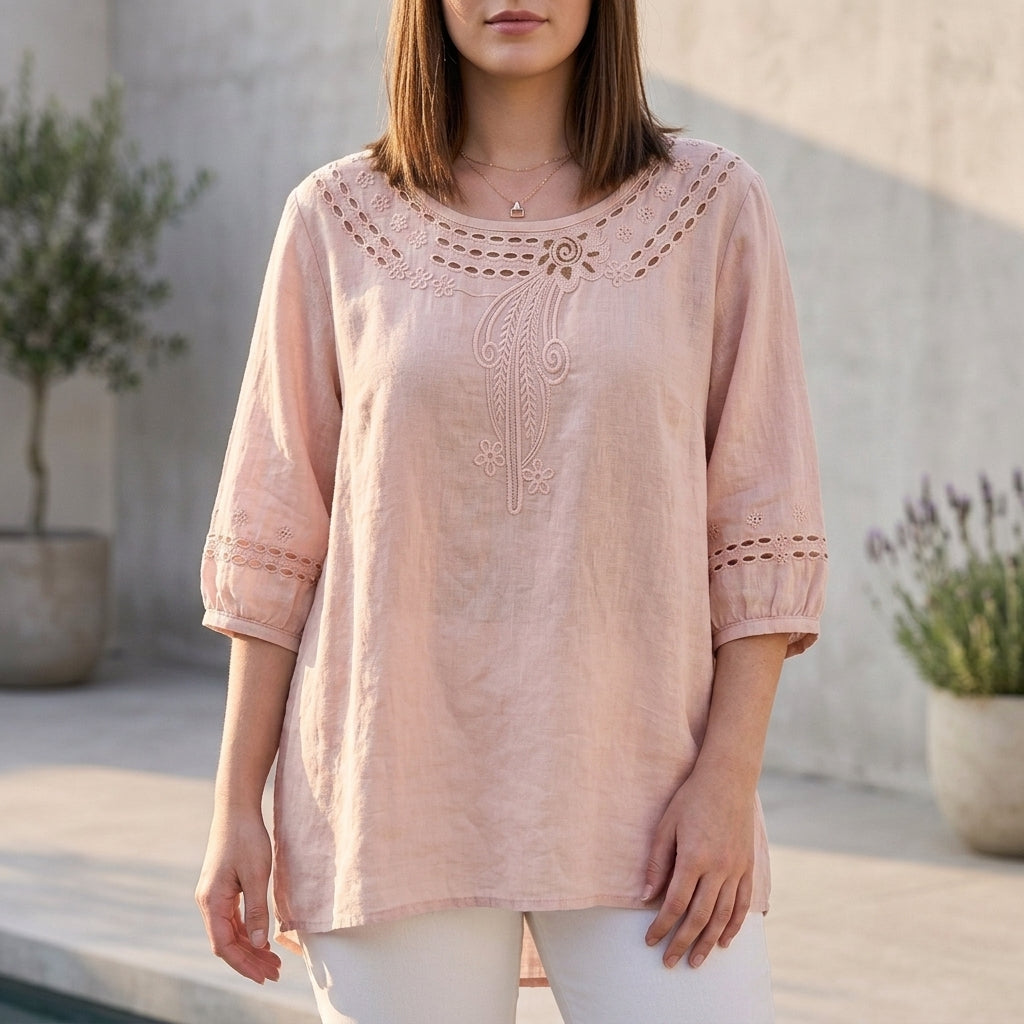 Duttini | Sculpted Bohemian-Inspired Relaxed Blouse With Eyelet Embroidery And 3/4 Sleeves